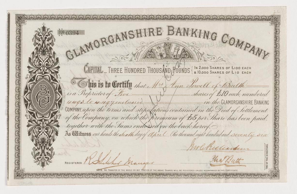 Glamorganshire Banking Company, share cert.