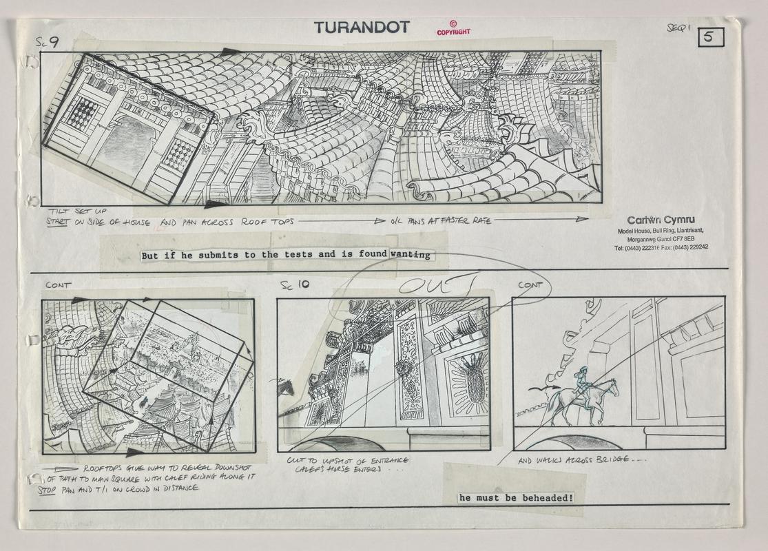 Storyboard page showing four opening scenes from the animation Turandot. Stamped with production company name.