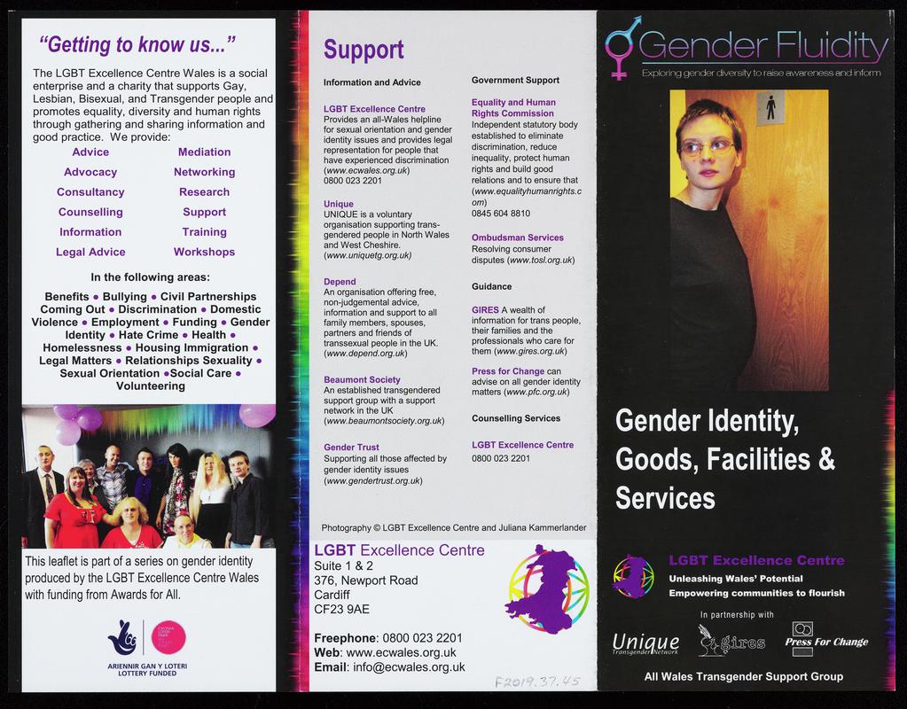 LGBT Excellence Centre leaflet 'Gender Fluidity. Gender Identity, Goods, Facilities & Services'.