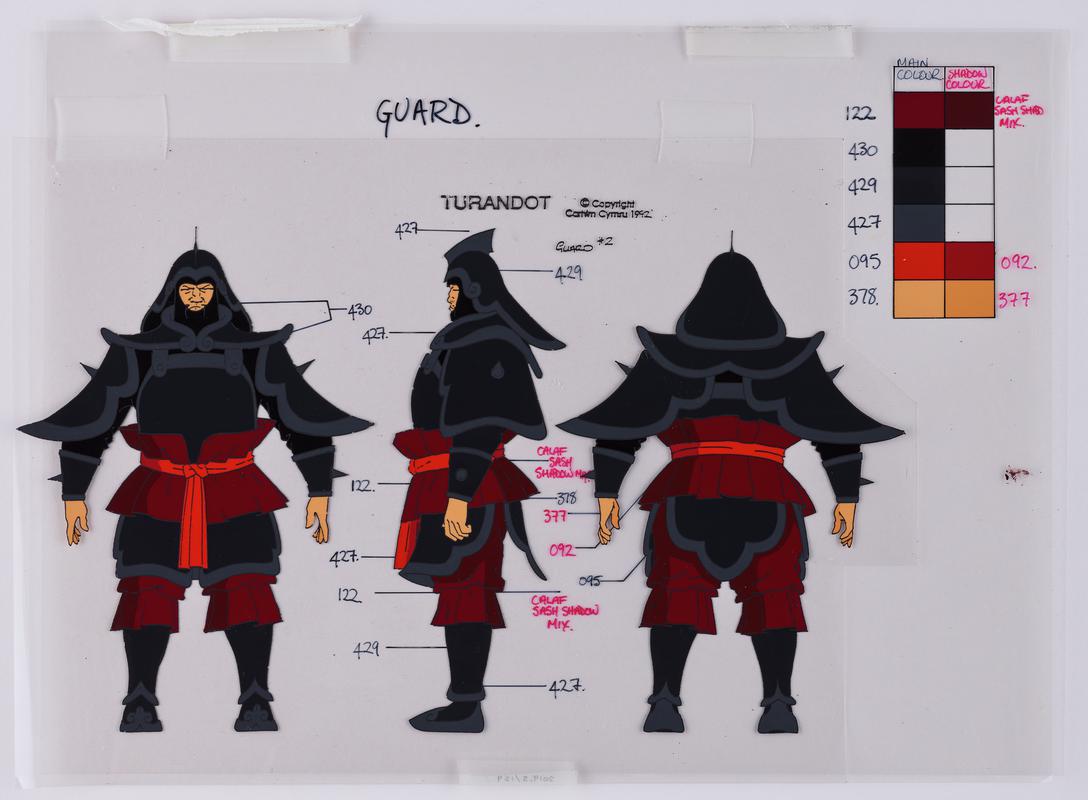Turandot animation production artwork showing the character Guard and a colour chart. Three sheets of cellulose acetate.