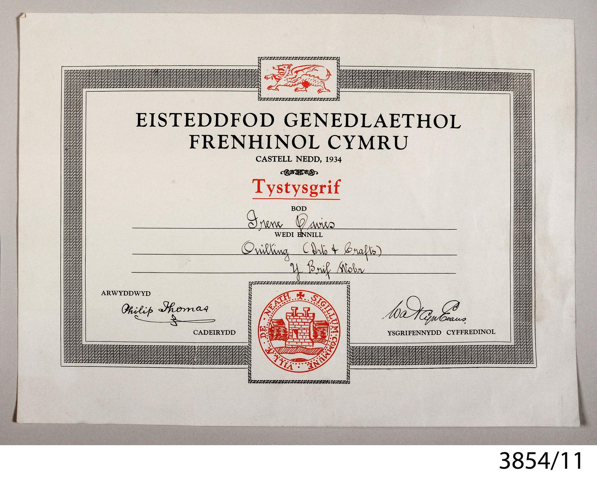 Eisteddfod certificate