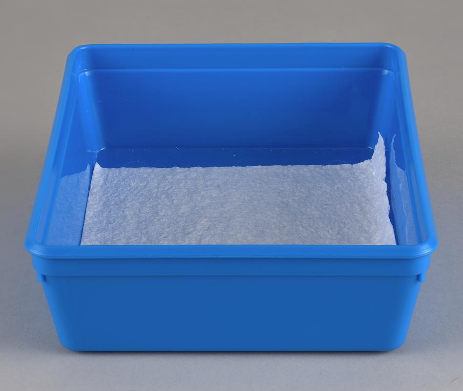 Blue plastic tray with paper towel insert.