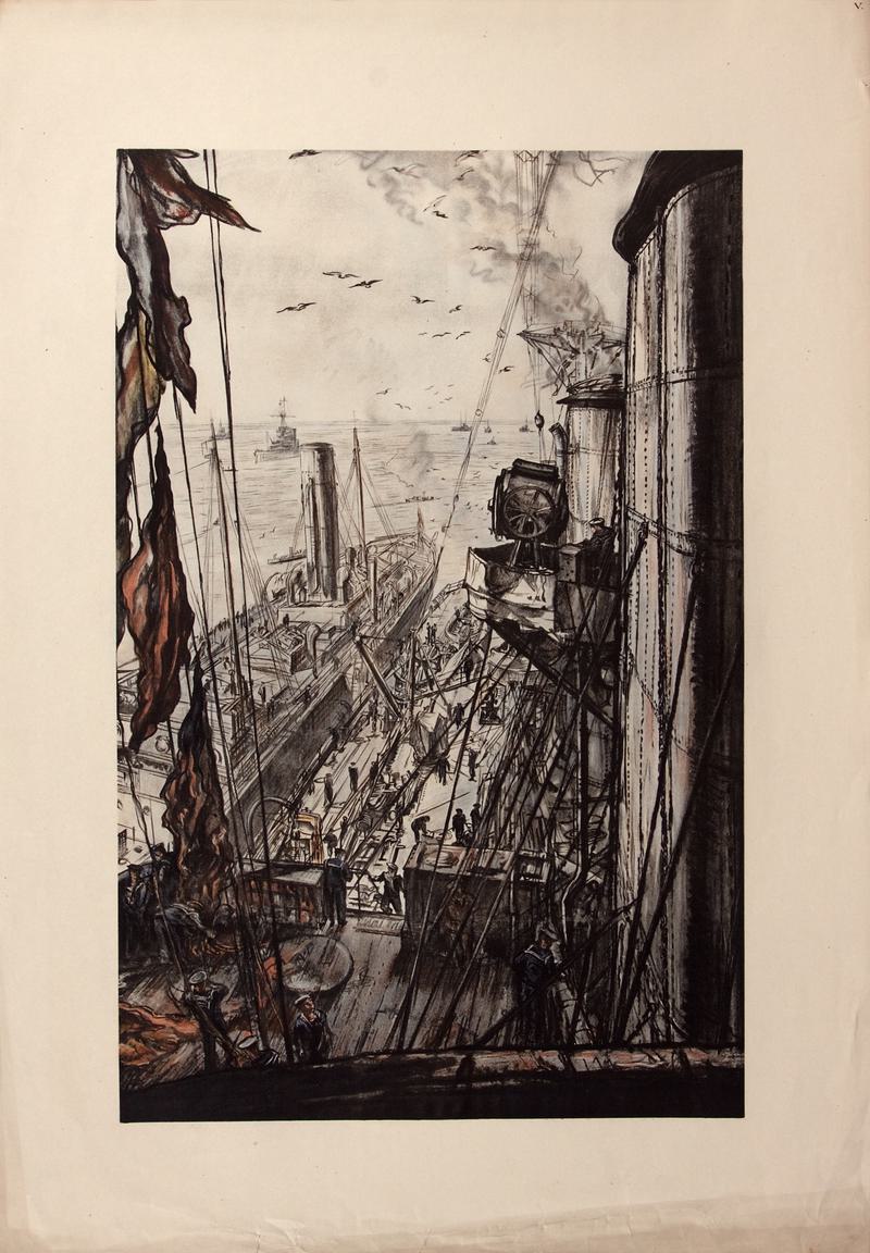 Oiling: a Battleship taking in Oil Fuel at Sea