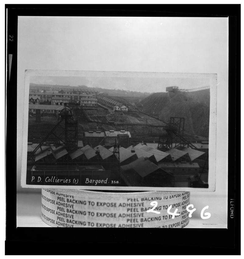 Black and white film negative of a photograph showing a surface view of Bargoed Colliery.