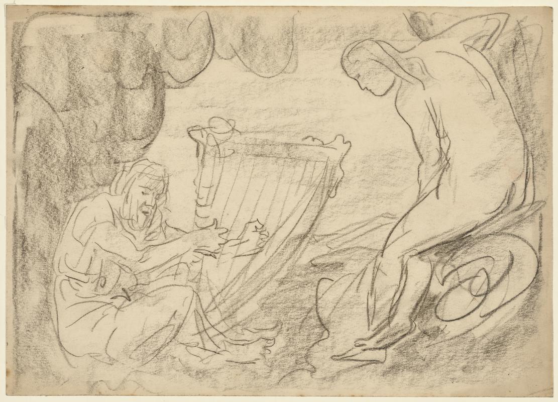 Nude Woman with Bearded Man Playing a Harp