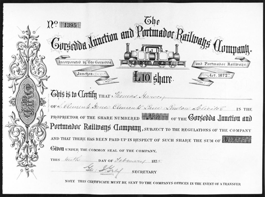 Share certificate for Gorsedda Junction & Porthmadoc Rlys. Co. showing Fairlie loco
