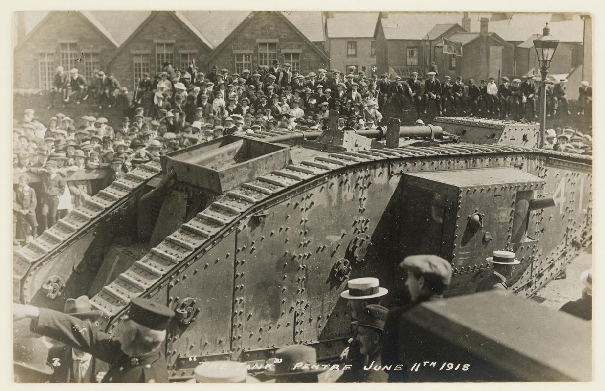 Civilians gathered around 'The Tank', Pentre, 11 June 1918