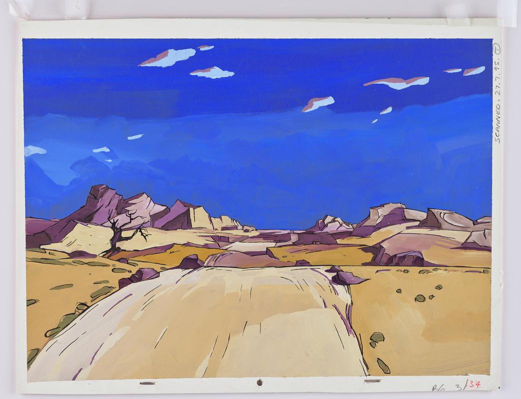 Background animation production artwork from episode Elijah in series 'Testament: The Bible in Animation'. Sheet of cellulose acetate covering front.