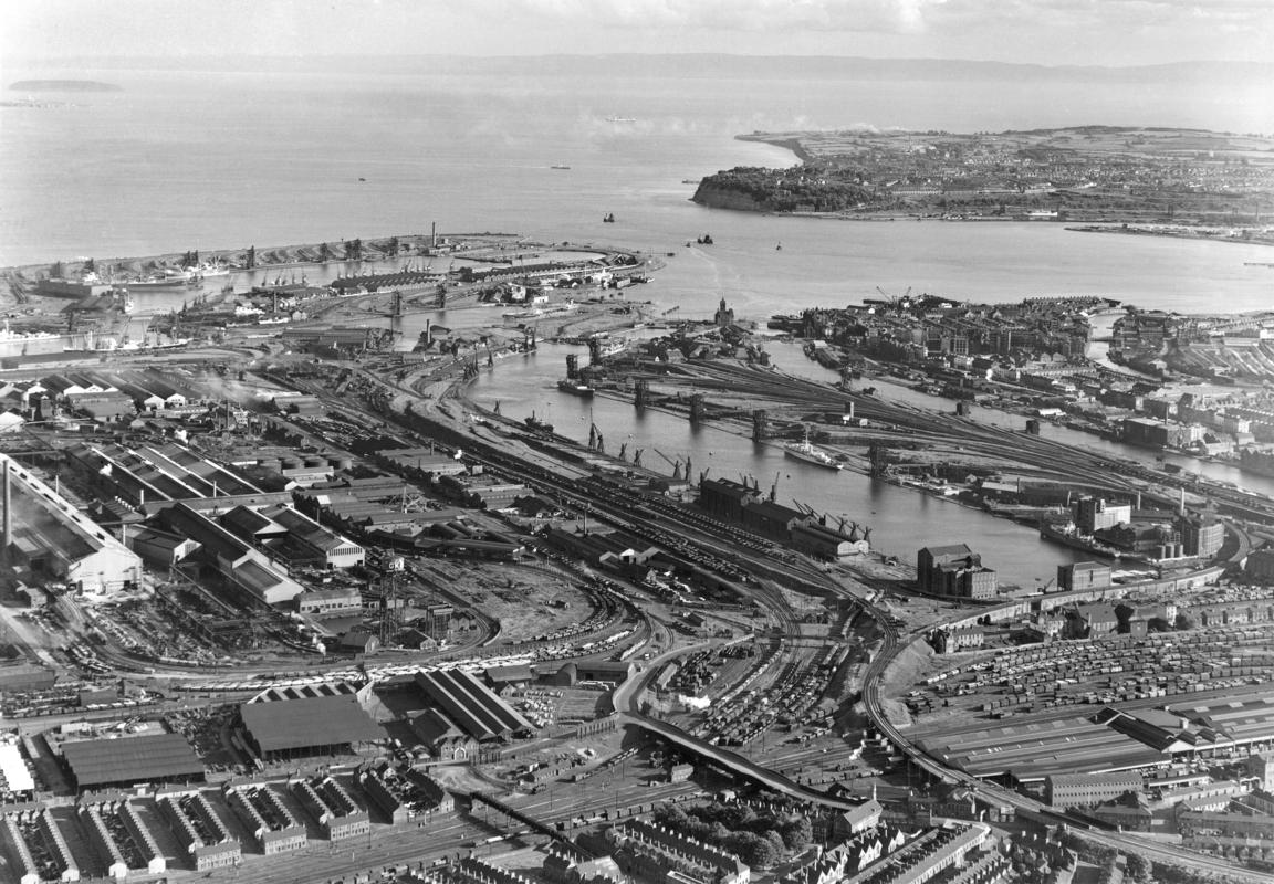 Aerial view showing (left to right) East Moors Works and East and West Bute Docks.