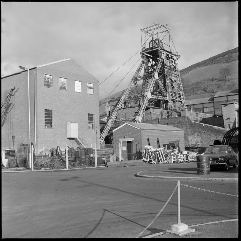 Black and white film negative showing a surface view of Merthyr Vale Colliery, 1976.  '1976' is transcribed from original negative bag.