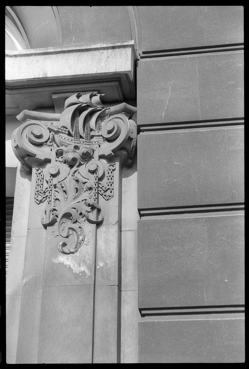 "Man o'War" Frieze on entrance to Cambrian Buildings, on corner of Mount Stuart Square and West Bute Street.