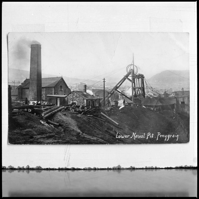 Black and white film negative of a photograph showing a general surface view of Naval Colliery.  'Lower Naval Penygraig' is transcribed from original negative bag.