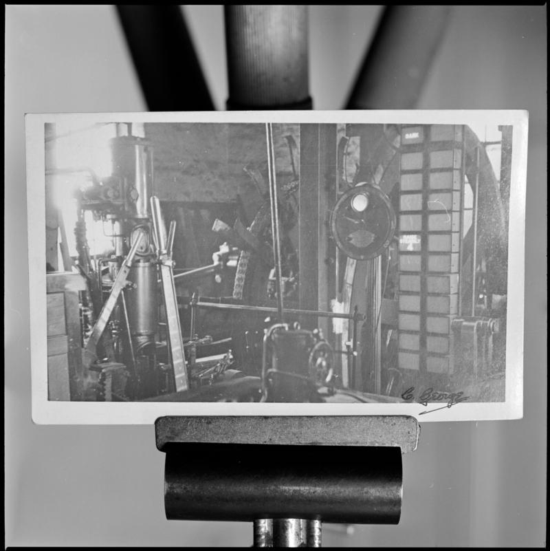Black and white film negative of a photograph showing the winding engine at Big Pit in 1951.  'Big Pit winder 1951' is transcribed from original negative bag.
