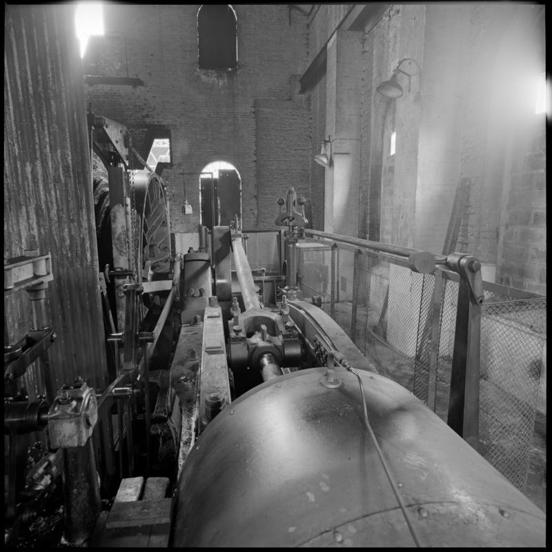 Black and white film negative showing the winding engine on the Trefor shaft, Lewis Merthyr Colliery.  'Lewis Merthyr' is transcribed from original negative bag.