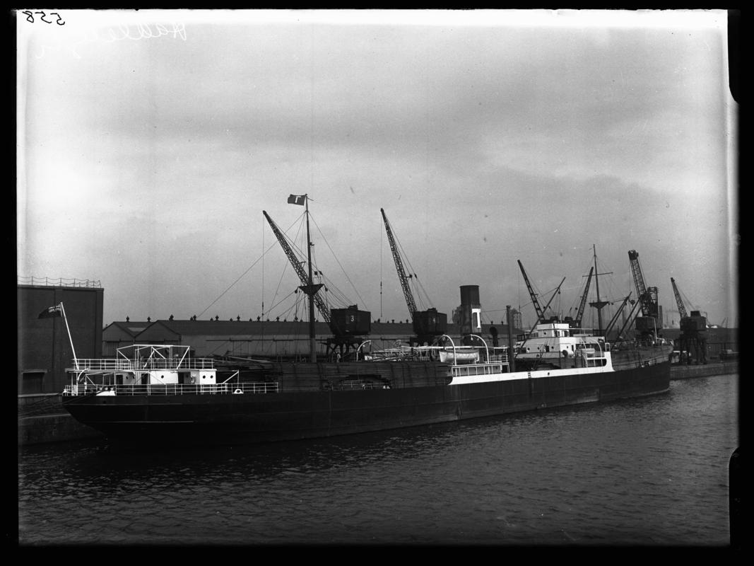 3/4 starboaard stern view of S.S. HADLEIGH at Cardiff Docks, c.1936.