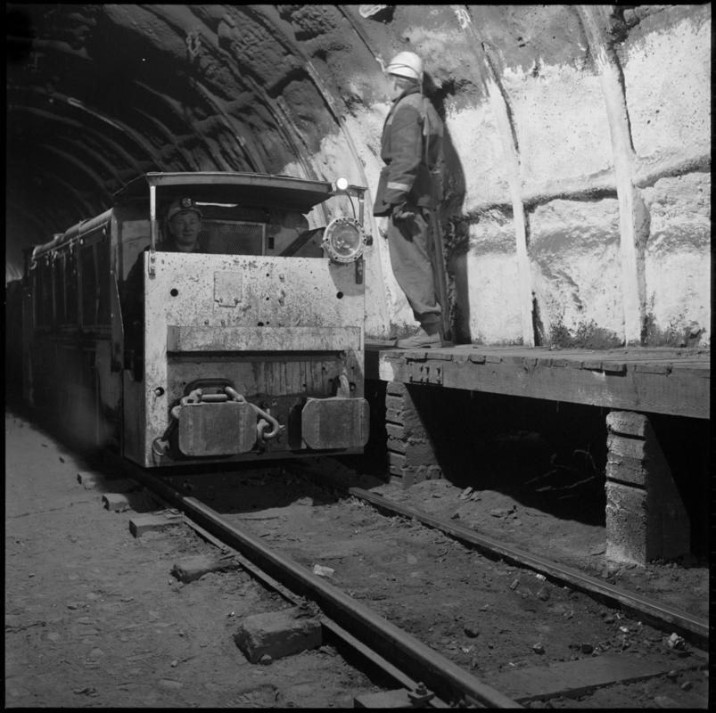 Black and white film negative showing a manriding train underground at Fernhill Colliery in 1978.  'Fernhill 1978' is transcribed from original negative bag.