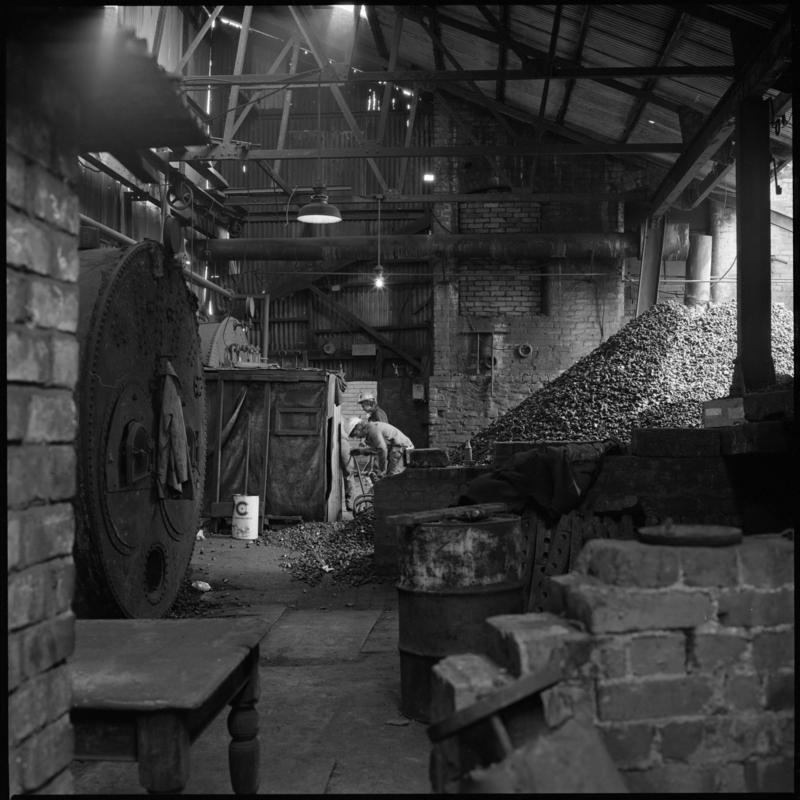 Black and white film negative showing the interior of the boiler house, Morlais Colliery 13 May 1981.  'Morlais 13/5/81' is transcribed from original negative bag.