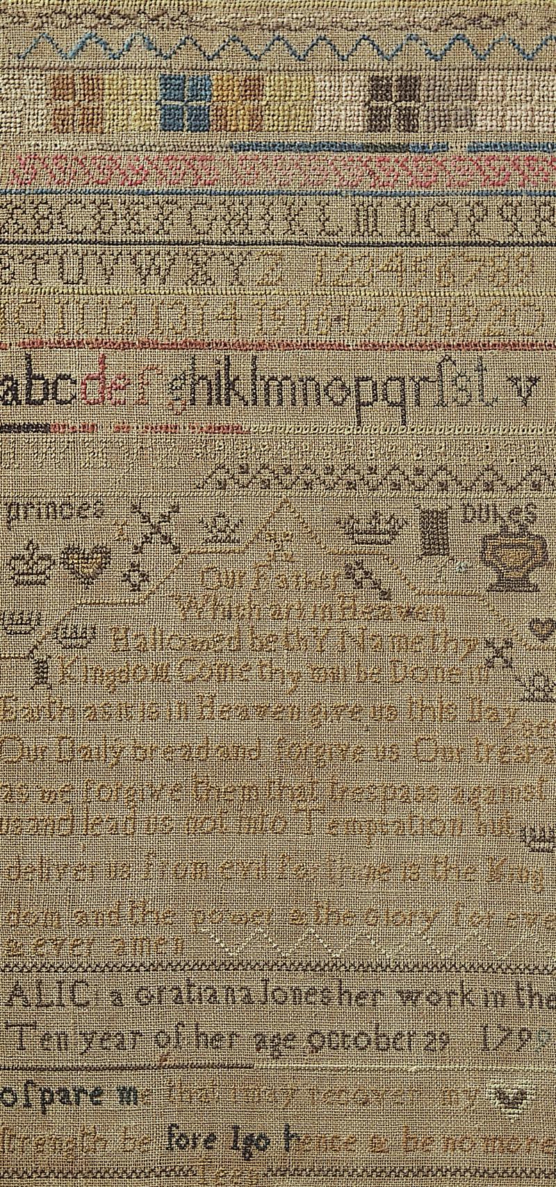 Sampler (alphabet, motifs & Biblical verse), made in Aberaeron, 1799