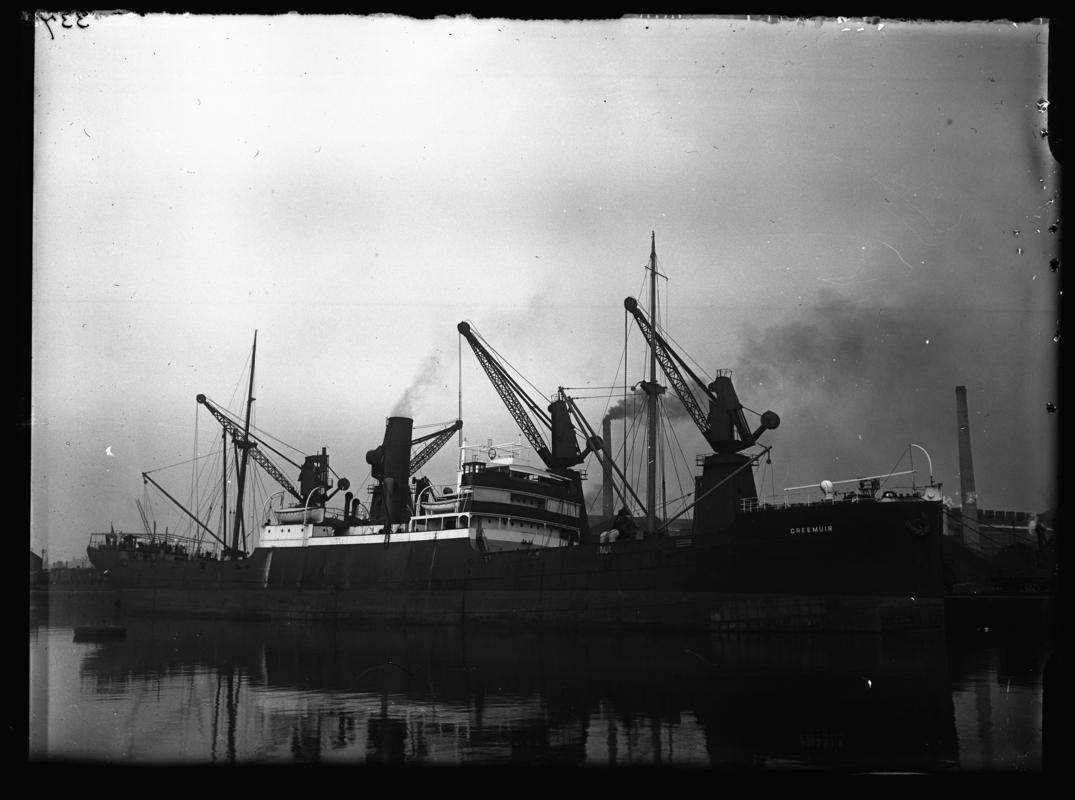 Starboard broadside view of S.S. CREEKMUIR at Cardiff Docks, c.1938.
