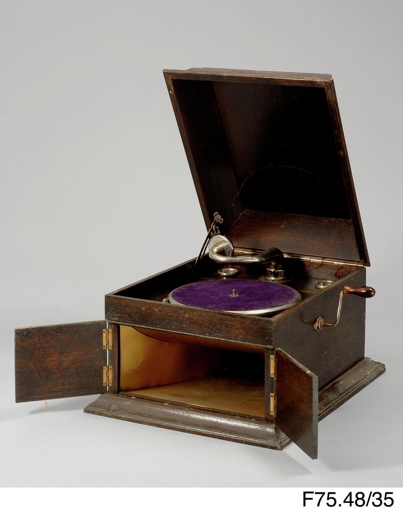 Oak gramophone in wooden cabinet