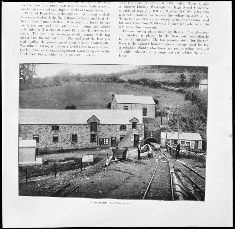 Black and white film negative showing a general surface view of Aberbaiden Colliery, photographed from a publication.  'Aberbaiden Colliery' is transcribed from original negative bag.