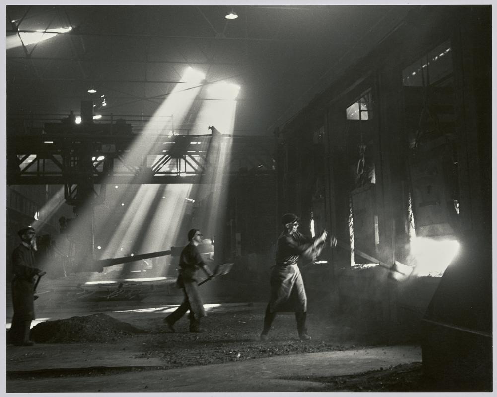 "Abbey Works, Port Talbot, Melting Shop, 1948" - Photograph of steelworks and South Wales [open hearth furnace]