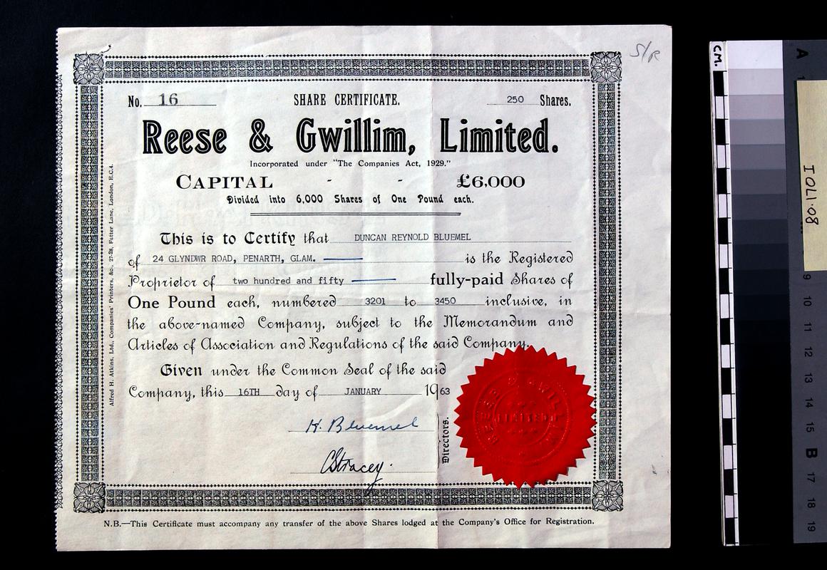 Reese & Gwillim Limited, share certificate