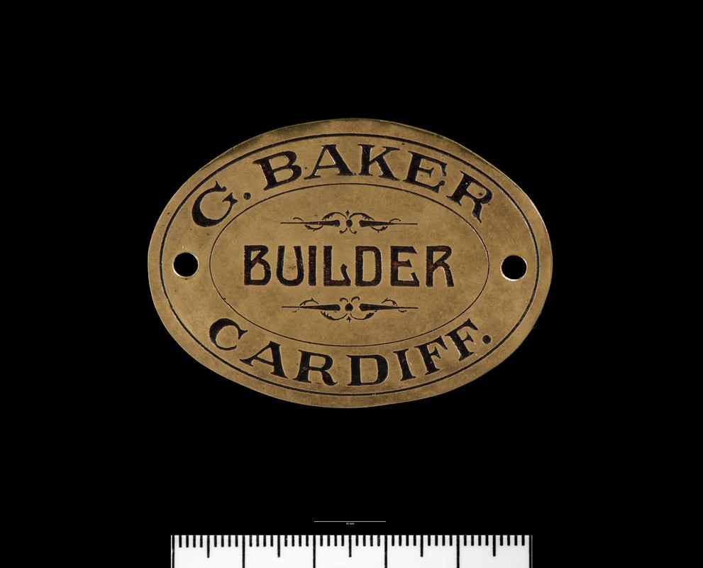 Oval maker's plate for G. Baker, Boatbuilders, Cardiff.