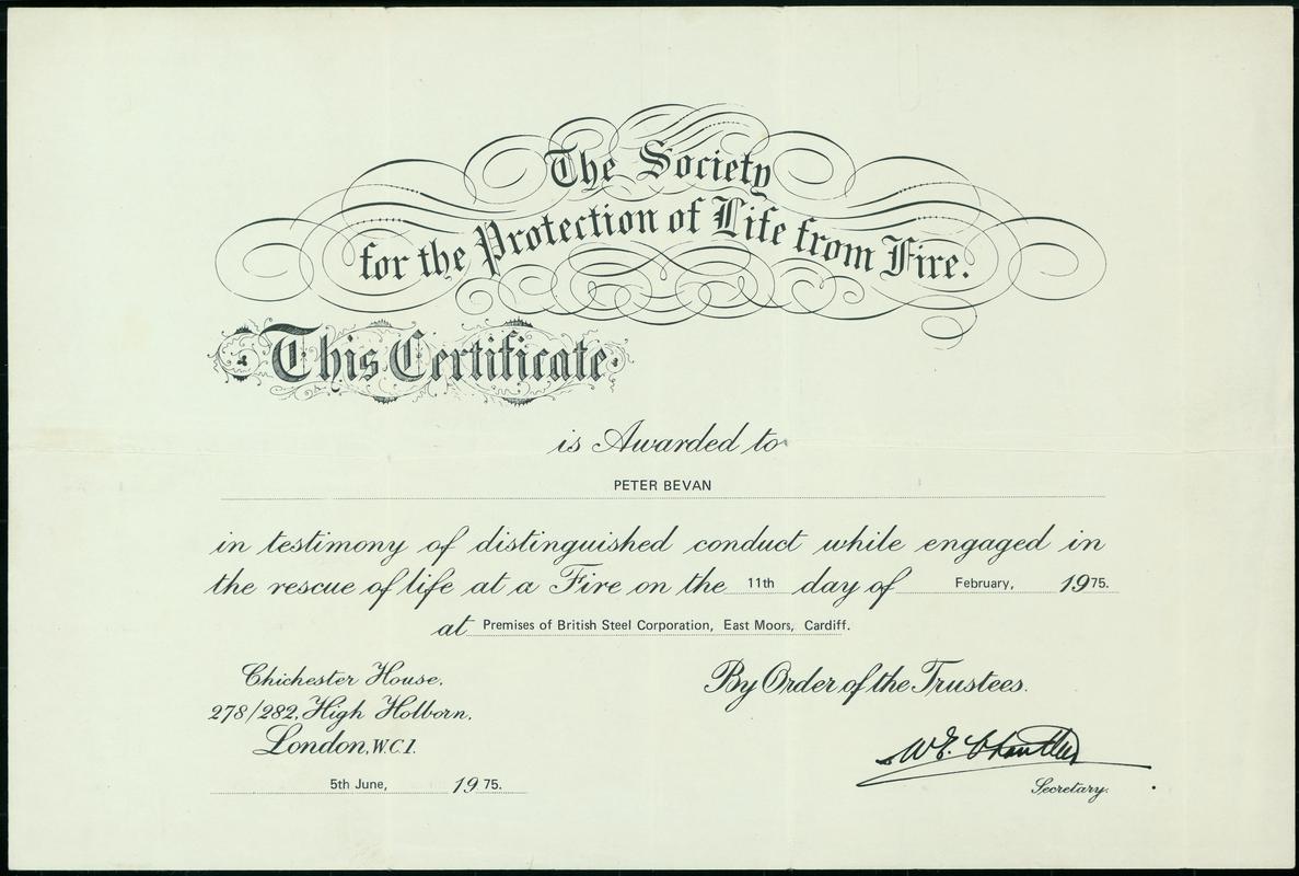 Certificate, Society for Protection of Life from Fire, Peter Bevan