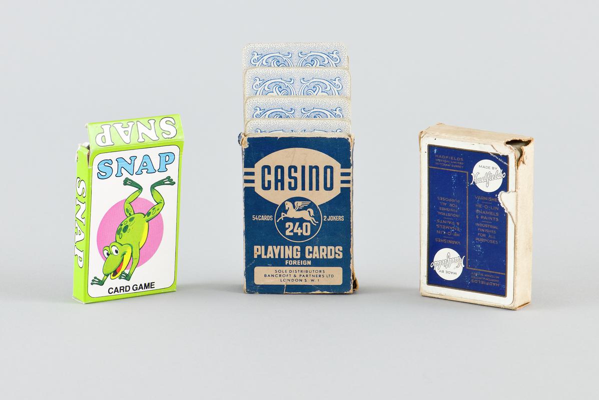 Three  sets of playing cards 'Snap', 'Casino' brand and 'Compliments of Hatfields',    playing cards in original card boxes. (Front view)