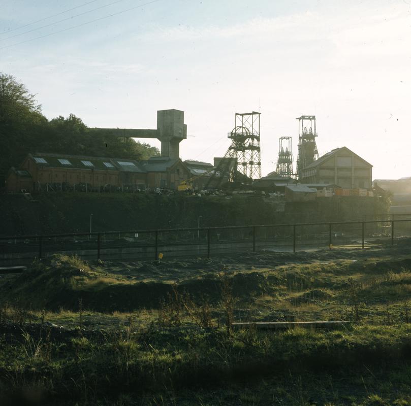 Colour film slide showing the three headframes, Oakdale Colliery.