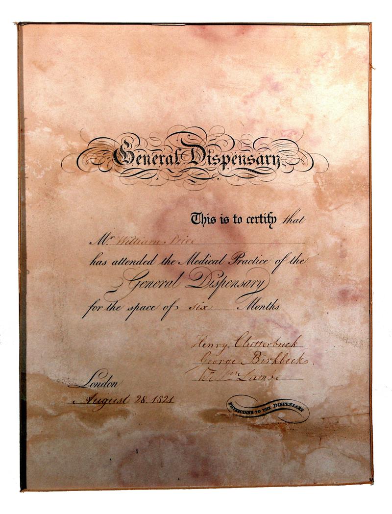 Certificate of attendance at the Medical Practice of General Dispensary, 1821.  On display in Gallery of Material Culture, SFNMH.