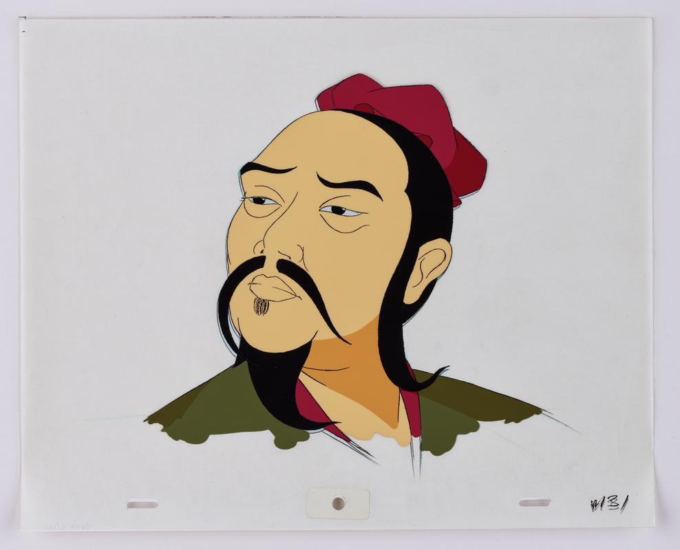 Production artwork showing a character from animation Turandot. Sketch on paper overlaid with cellulose acetate.
