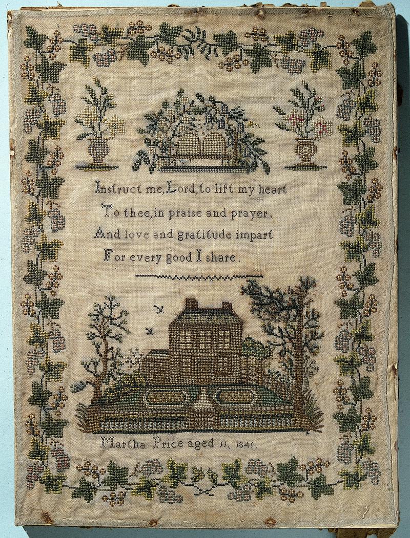 Sampler (verse, motifs & pictorial), made in Oswestry, 1841