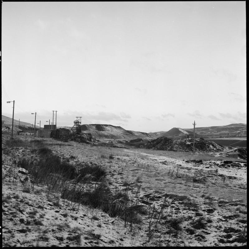 Black and white film negative showing a distant view of Big Pit Colliery.  'Blaenavon' is transcribed from original negative bag.