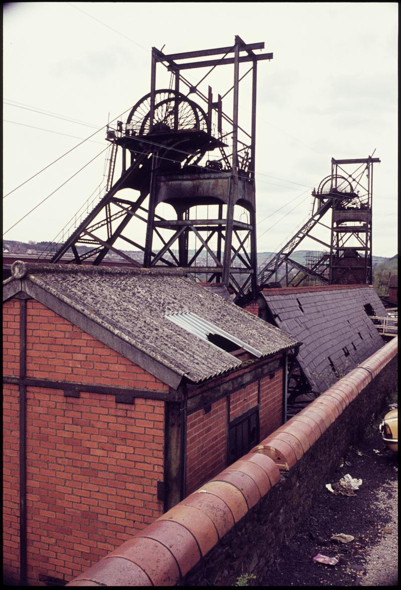 Colour film slide showing the two headframes, Britannia Colliery.