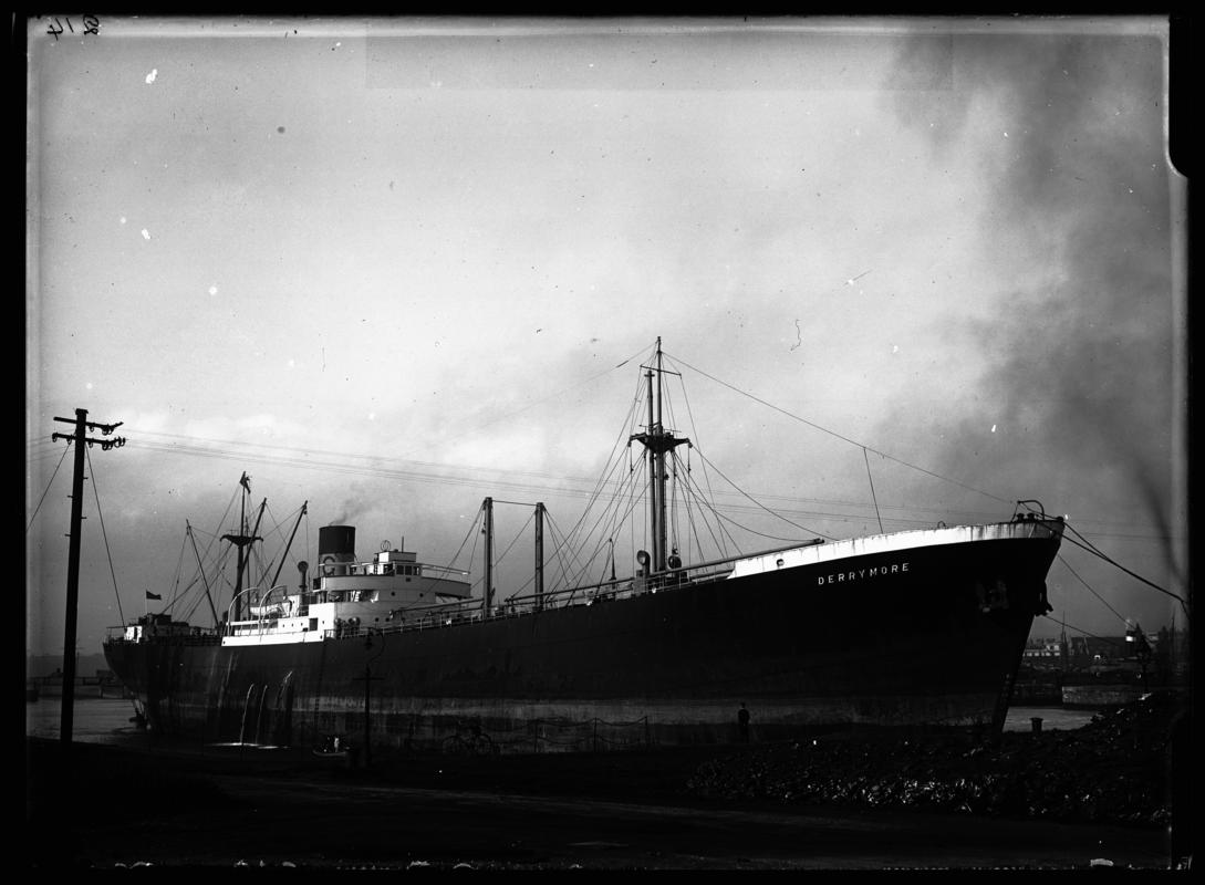 Starboard broadside view of M.V. DERRYMORE at Cardiff Docks, c.1938.