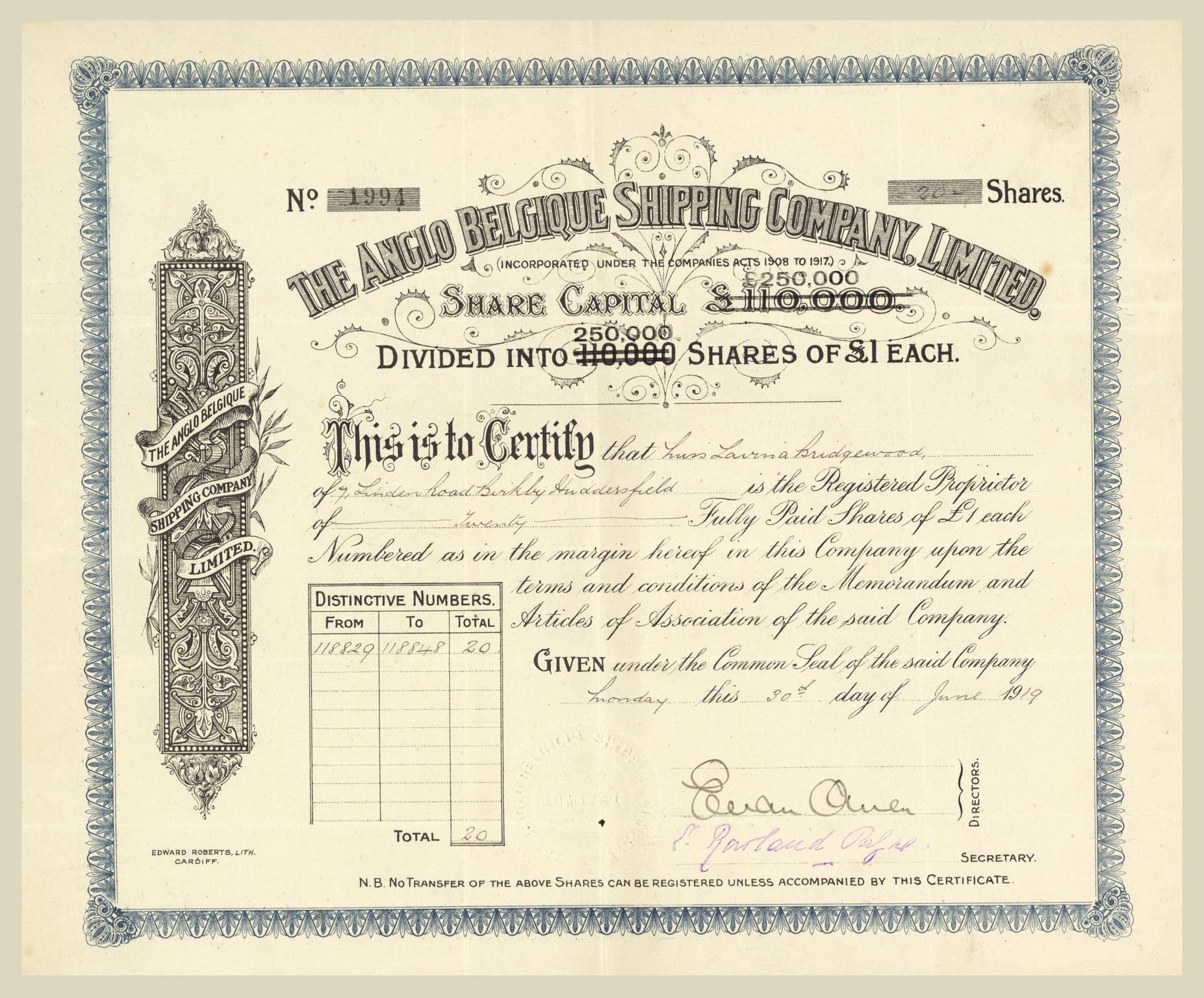 Anglo-Belgique Shipping Co. Ltd., share certificate