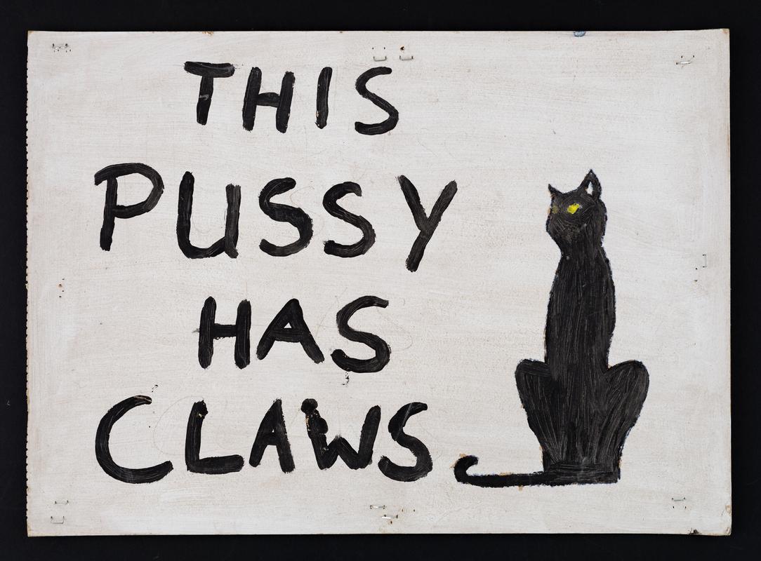 'This Pussy Has Claws' handrawn placard used at the Women's March in Cardiff city centre on 21 January 2017.