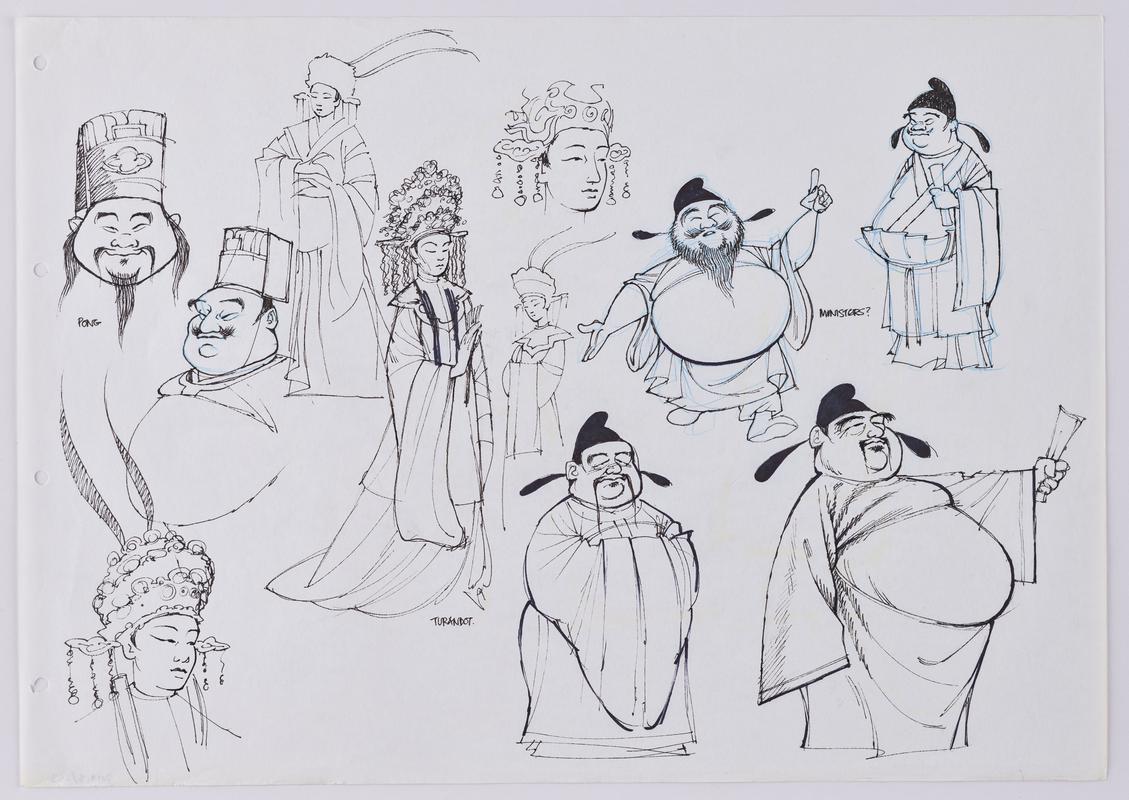 Turandot animation production sketch showing the characters Pong, Turandot and ministers.
