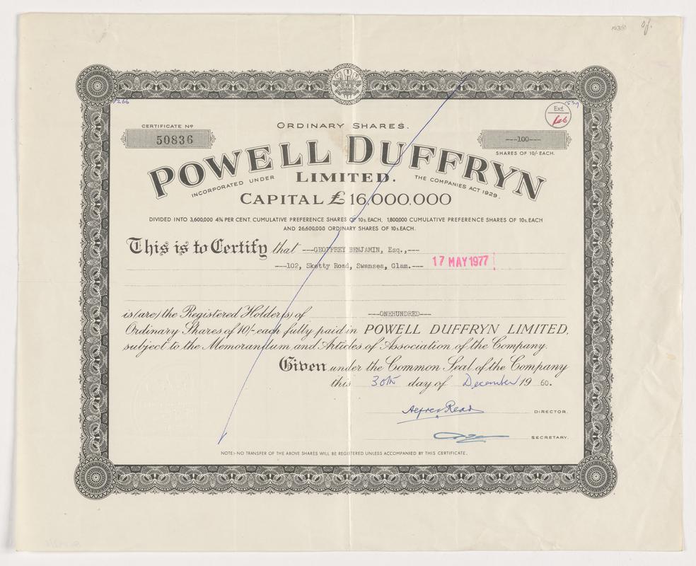 Powell Duffryn Limited, 10 shillings ordinary shares, 1960