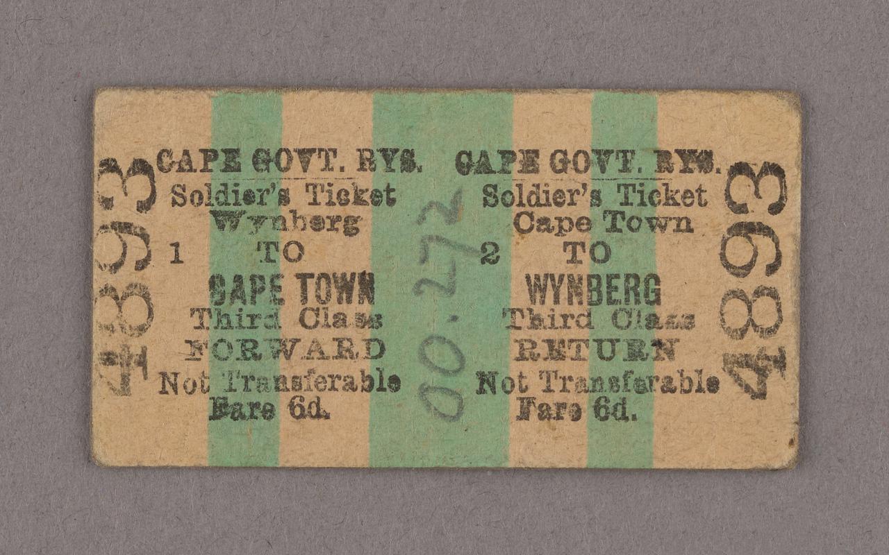 Cape Government Railways Soldier's ticket, Cape Town to Wynberg, from Boer War.