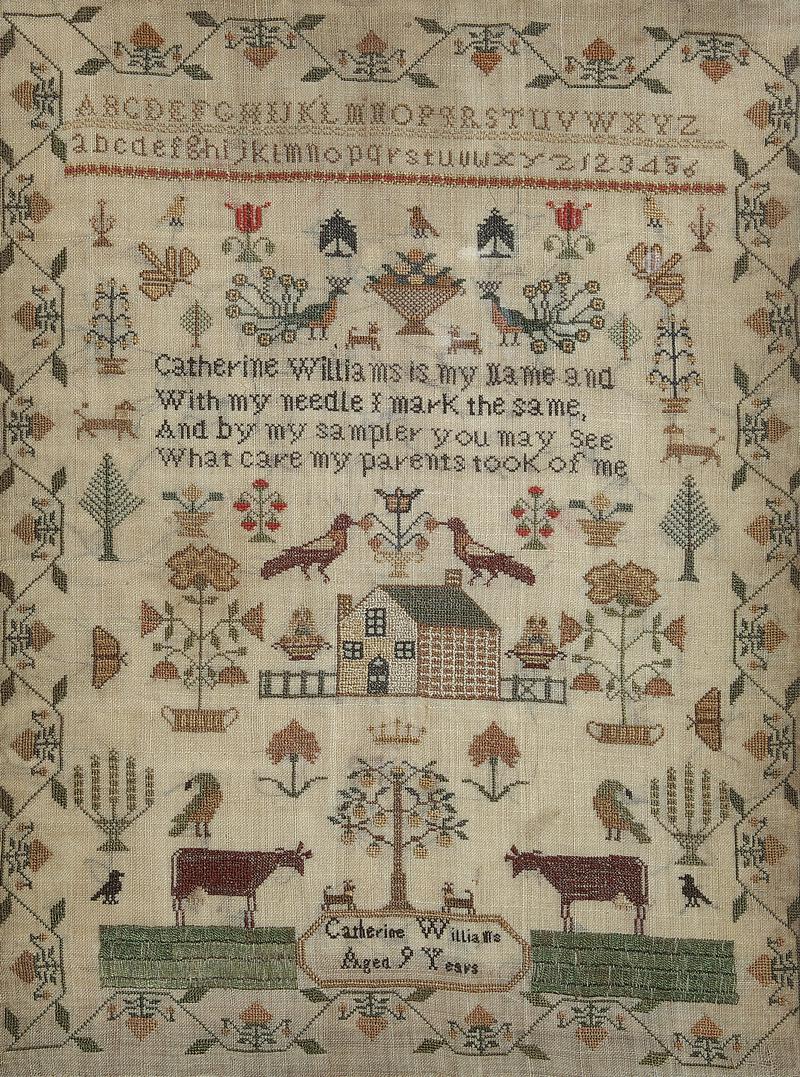 Sampler (motifs, alphabet & verse), made in Aberdare, c. 1855