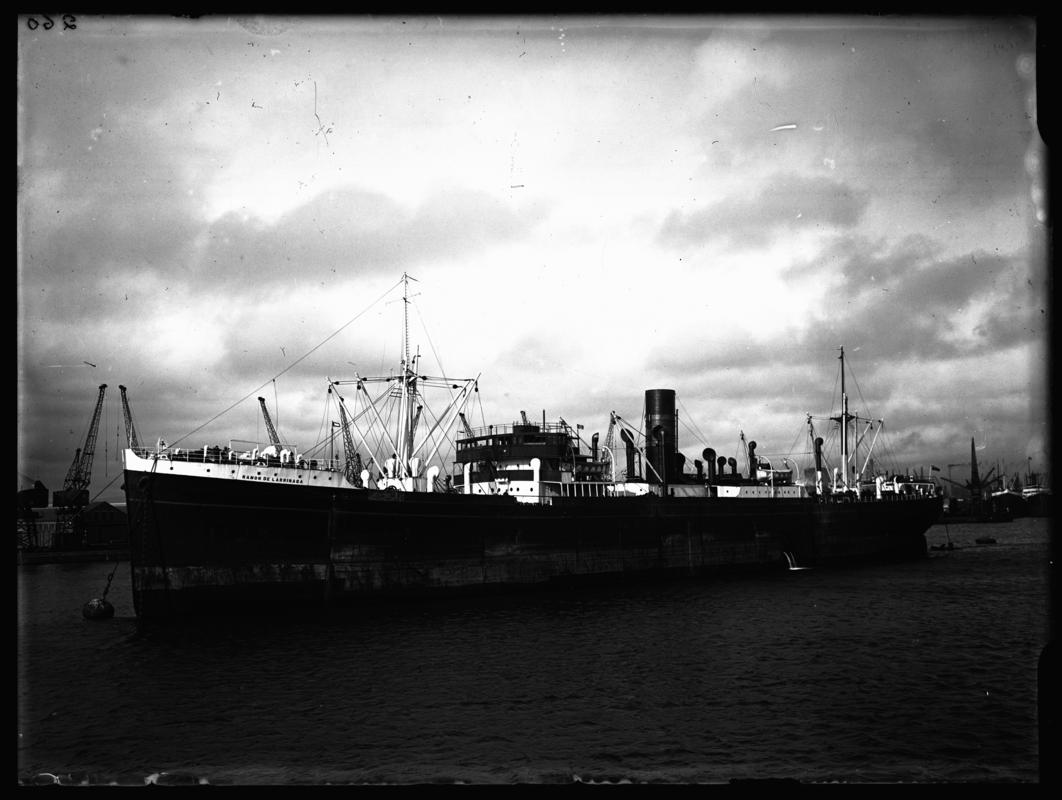 Port broadside view of S.S. RAMON DE LARRINAGA at Cardiff docks, c.1936.