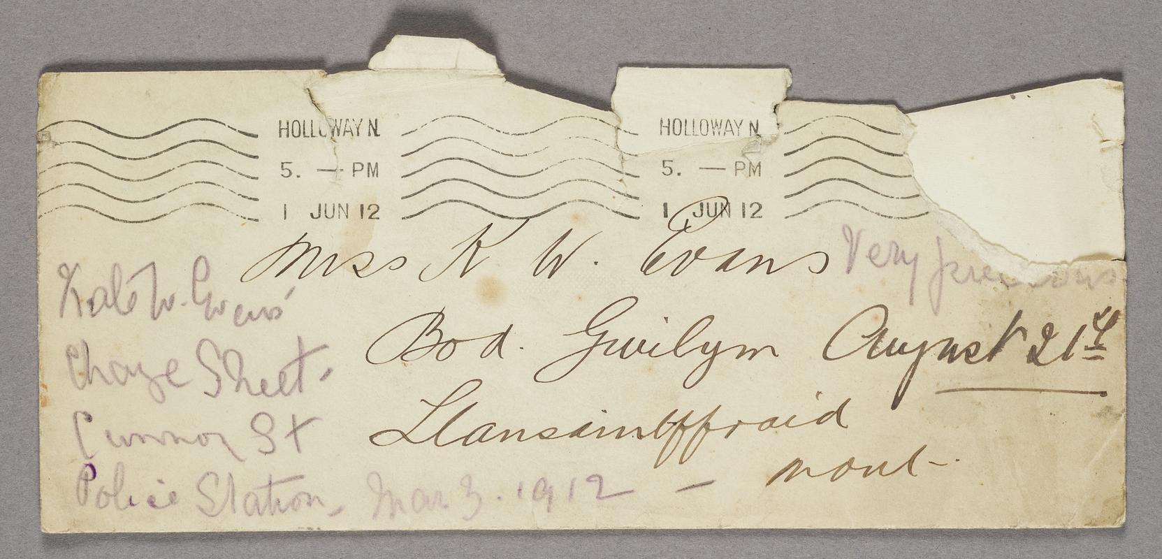 Envelope addressed to Kate Williams Evans in Llansantffraid. Sent from Holloway prison. Marked 1st June 1912.