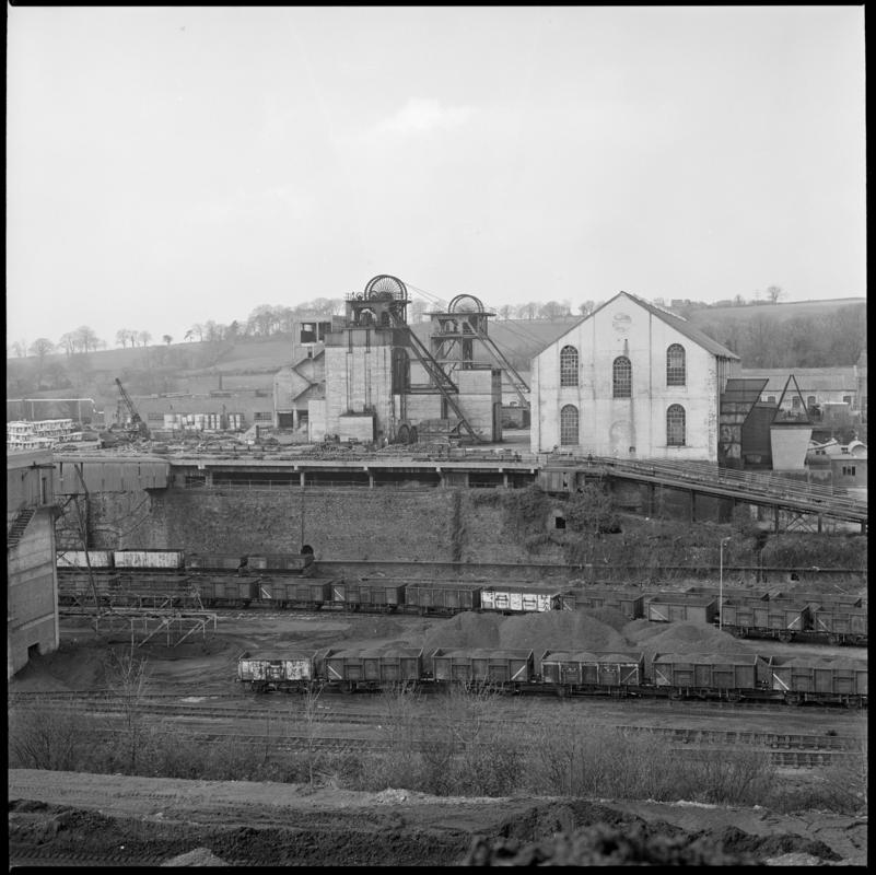 Black and white film negative showing a surface view of Cwm Colliery 3 April 1981.  'Cwm 3 April 1981' is transcribed from original negative bag.