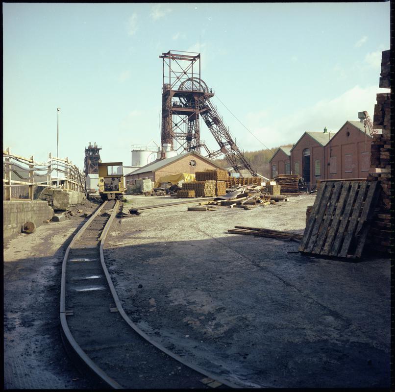 Colour film negative showing a surface view of Cefn Coed Colliery. 'Cefn Coed' is transcribed from original negative bag.  Appears to be identical to 2009.3/2458.
