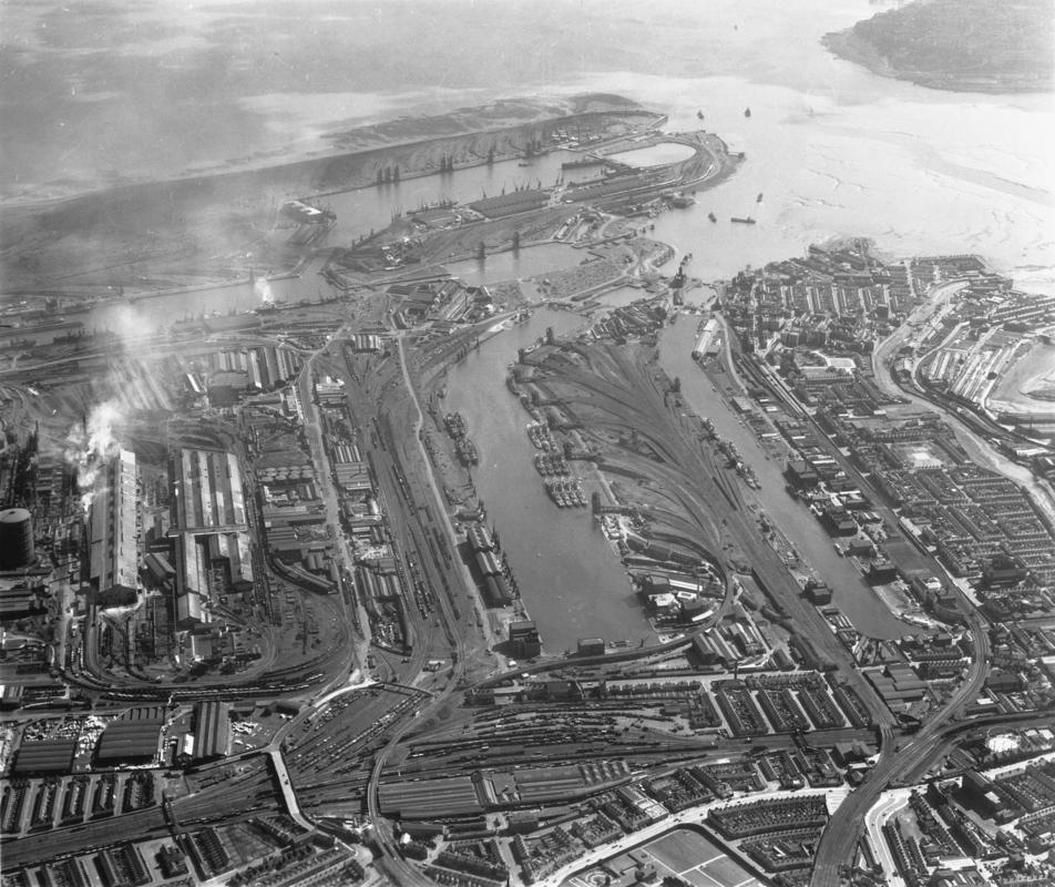 Aerial view of the entire Cardiff Docks complex including Glamorganshire Canal, East Moors Steelworks and Newtown Goods Depot.