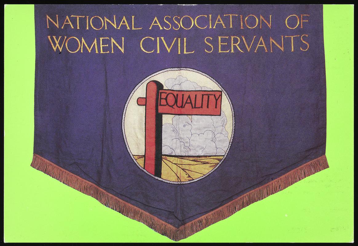 Colour postcard of a National Association of Women Civil Servants banner.