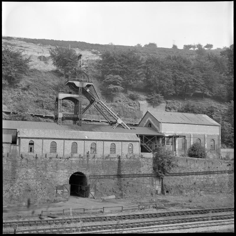 Black and white film negative showing the No.2. shaft, Llanhilleth Colliery, October 1975.  'Llanhilleth' is transcribed from original negative bag.
